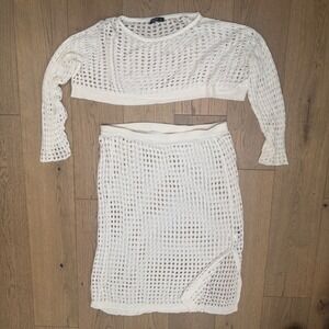 SHEIN CURVE White Beach Swimsuit Coverup Crochet‎ Knit Long Sleeve Top Skirt 3XL